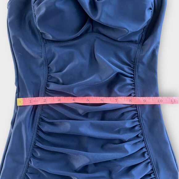 Vintage Inspired Halter One Piece Swimsuit Blue Ruched Retro Style Size M - Picture 5 of 7